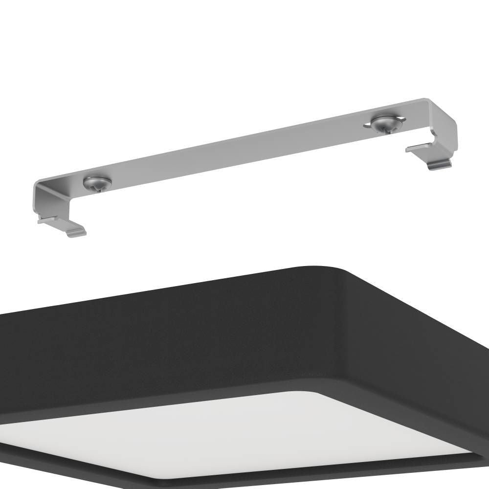 Détail du support métallique et de l'arrière du plafonnier noir et blanc.