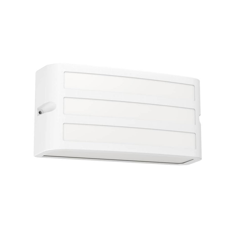 Applique extérieure blanche rectangulaire, trois bandes horizontales, vue de face sur fond blanc