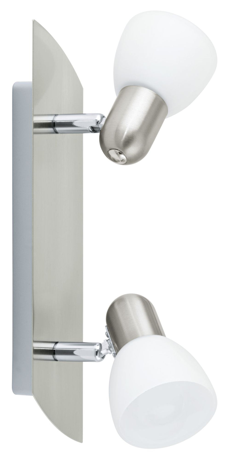 Profil du luminaire montrant la platine et les deux têtes orientables.