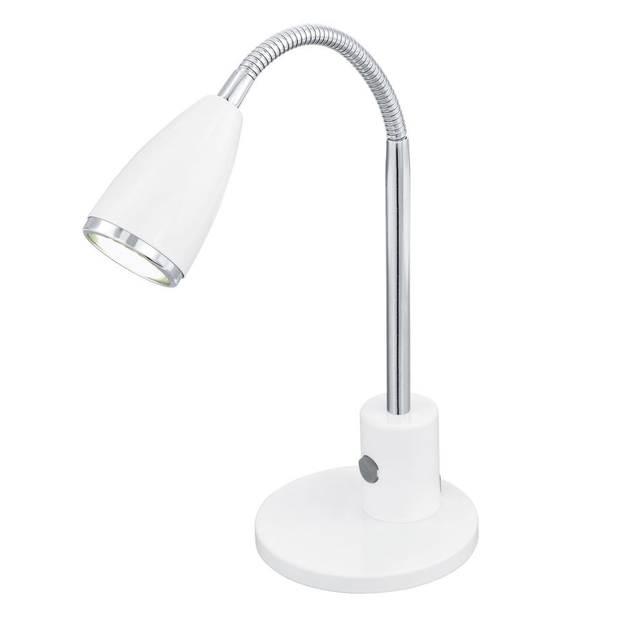 Lampe à poser blanche vue de face, abat-jour conique et bras flexible chromé