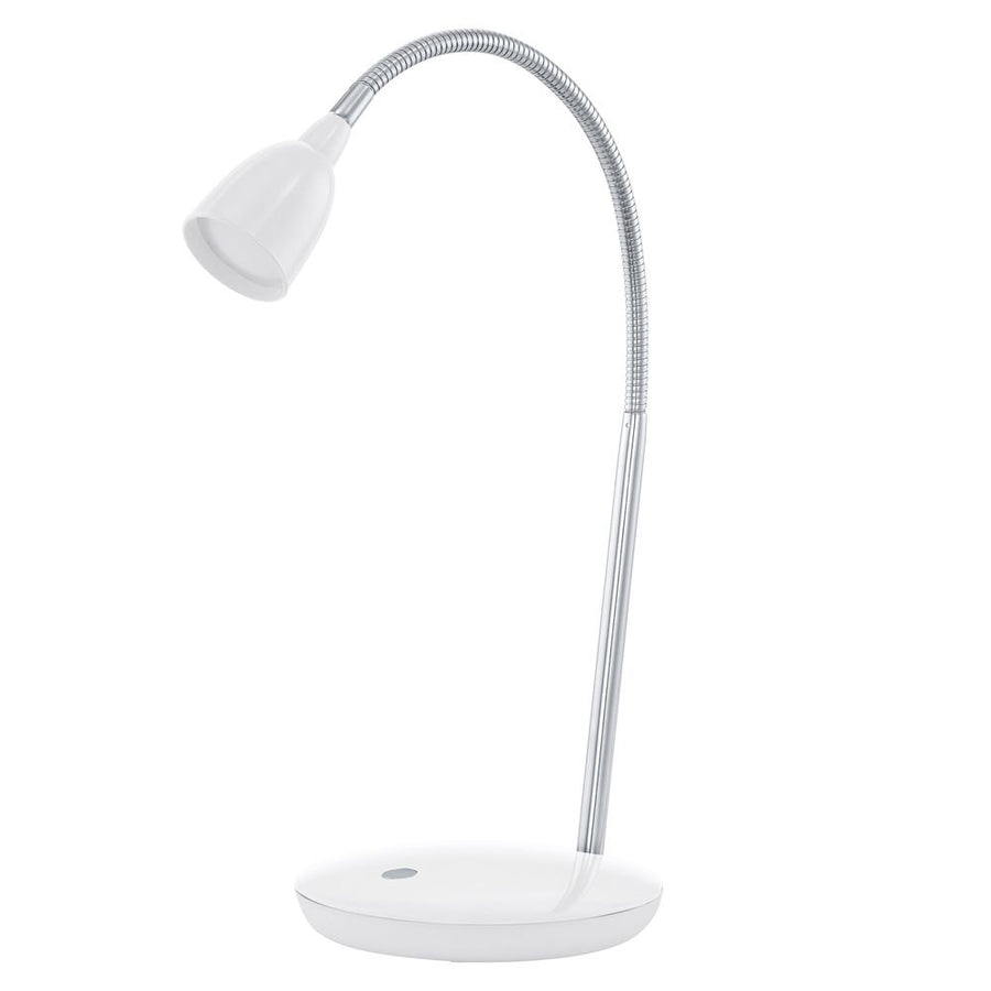 Lampe à poser de face sur fond blanc, col de cygne chromé et tête blanche