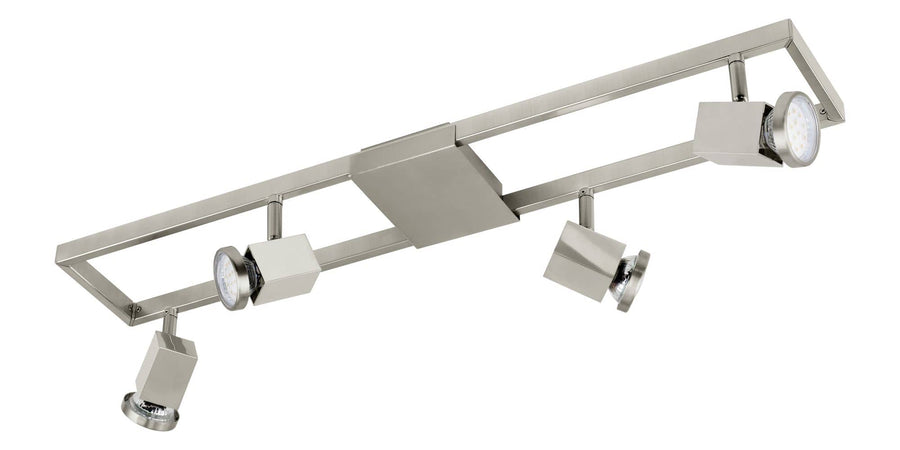 Deuxième angle du luminaire rectangulaire à quatre spots orientables en nickel satiné.
