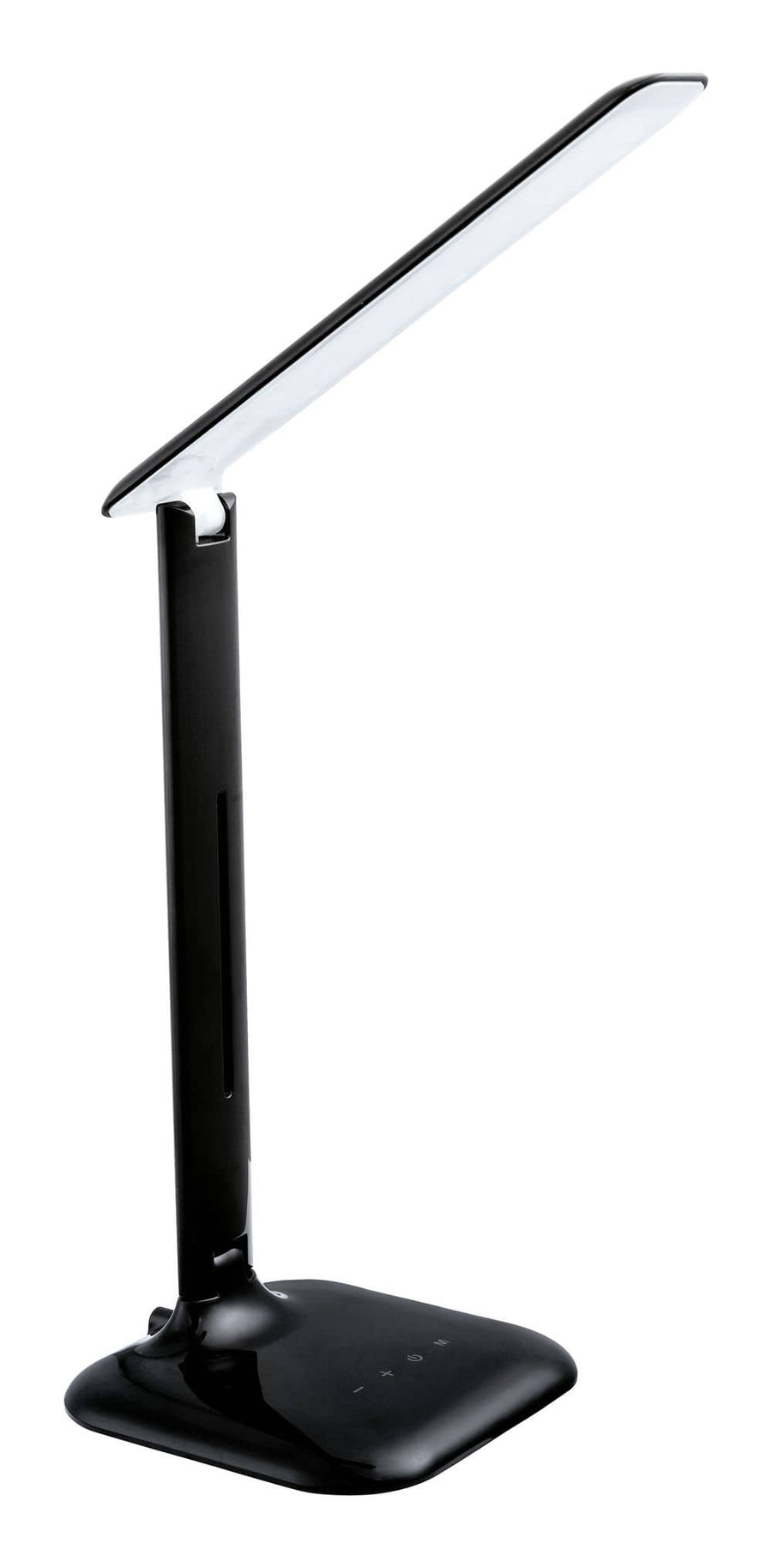 Vue de trois quarts du luminaire noir sur fond blanc, base tactile visible