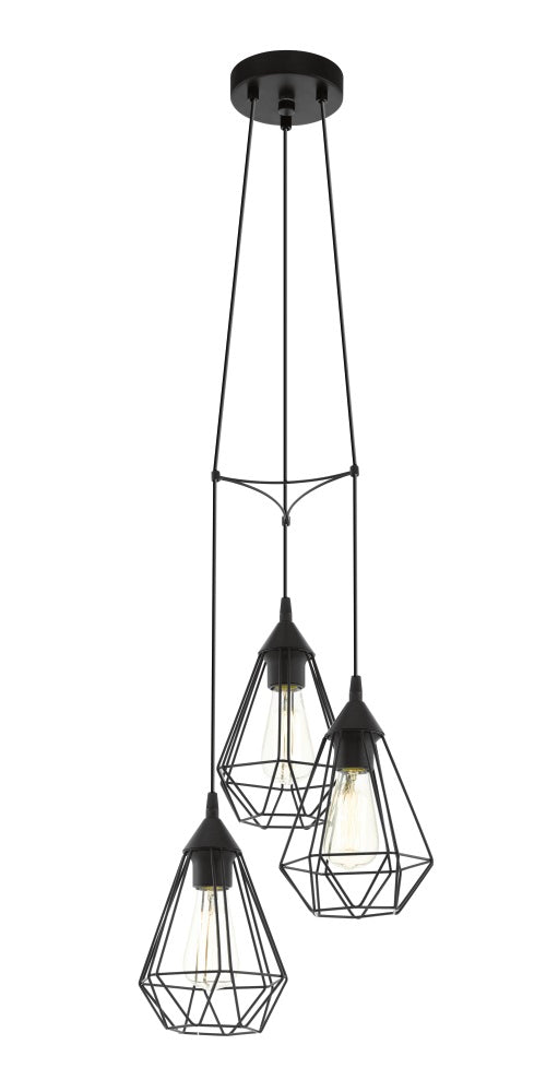 Vue d'ensemble de la suspension noire et ses trois cages en fil métallique