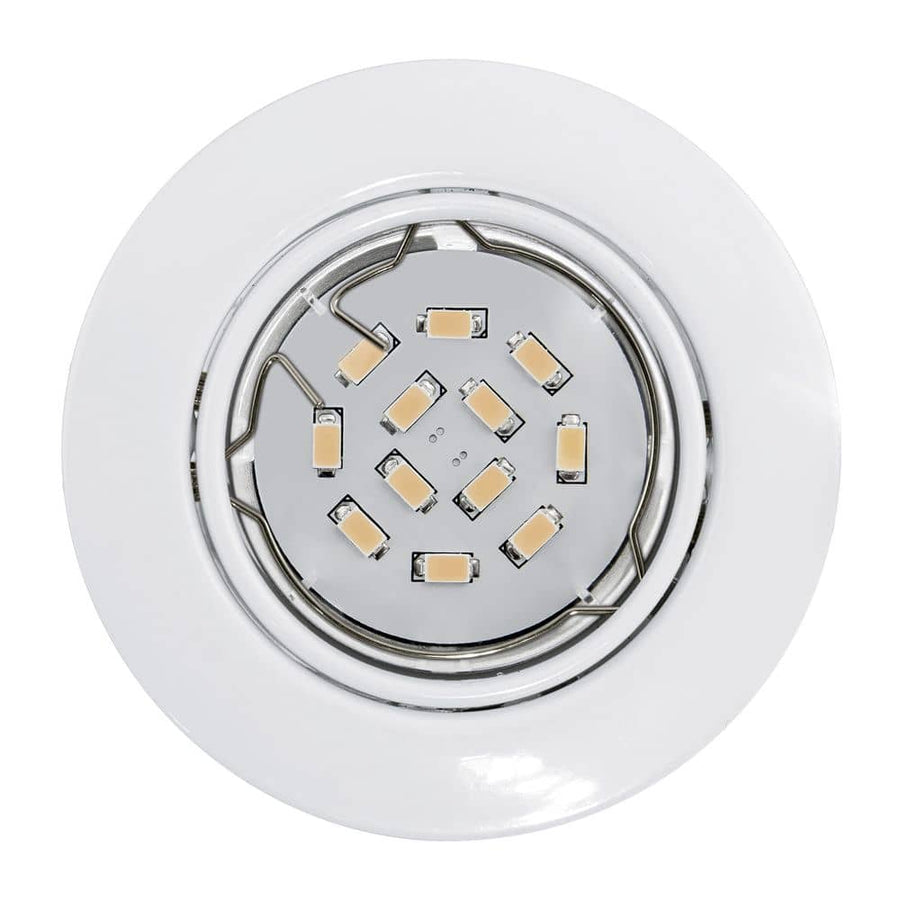 Vue de face du spot rond blanc, diodes LED visibles et anneau chromé central