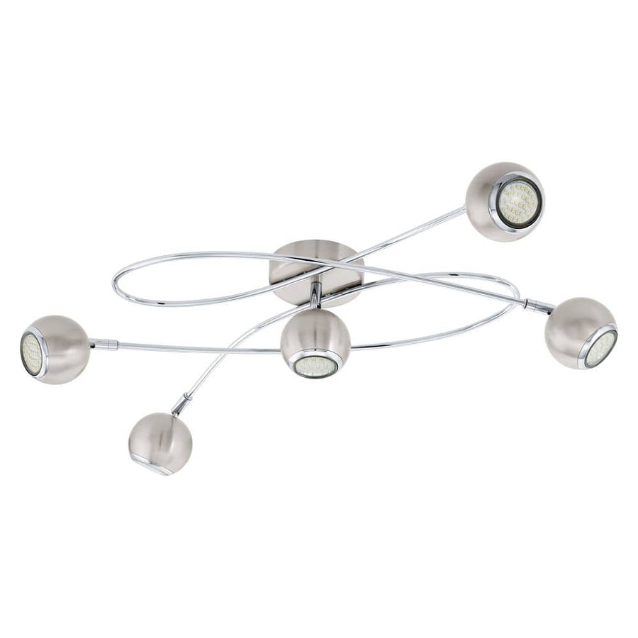 Luminaire de plafond cinq spots boules nickel satiné sur bras courbés, vue de face