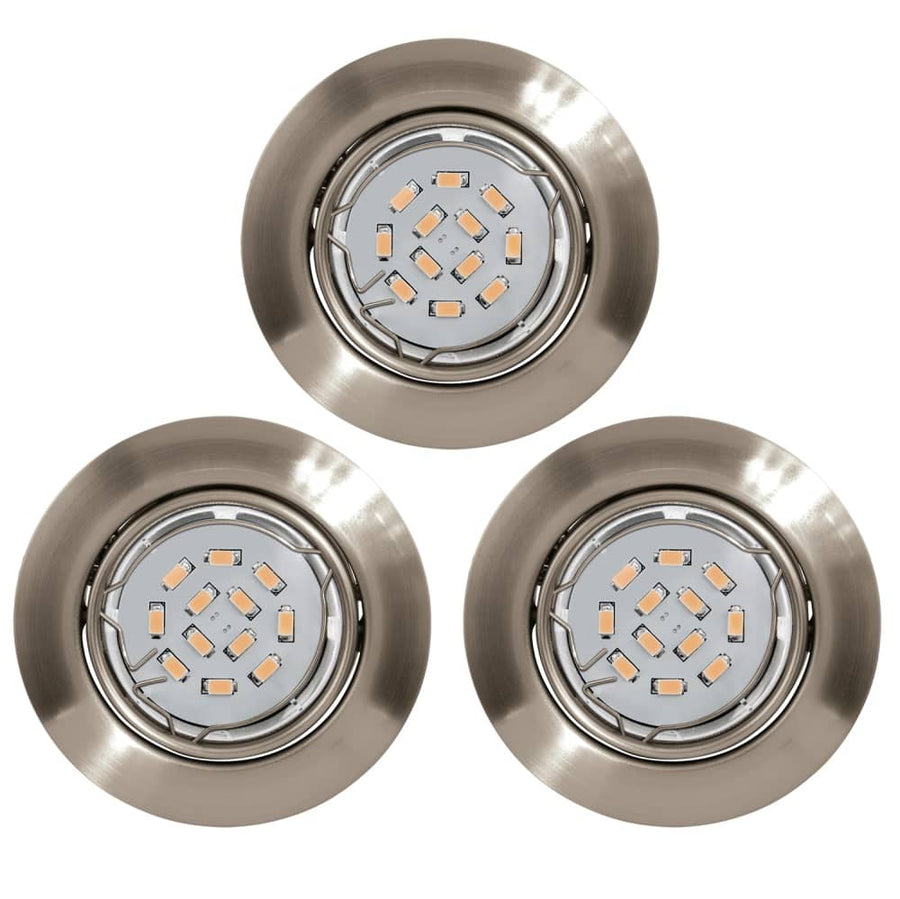 Trois spots encastrables vus de dessous, montrant les modules LED et la bague nickel