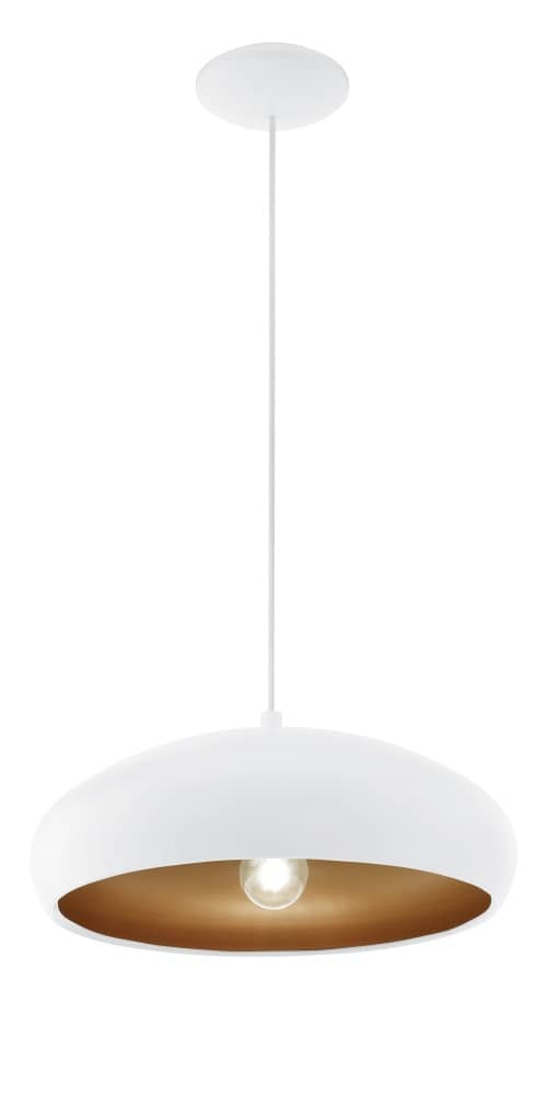 Luminaire suspendu blanc photographié de face, câble et rosace visibles sur fond clair