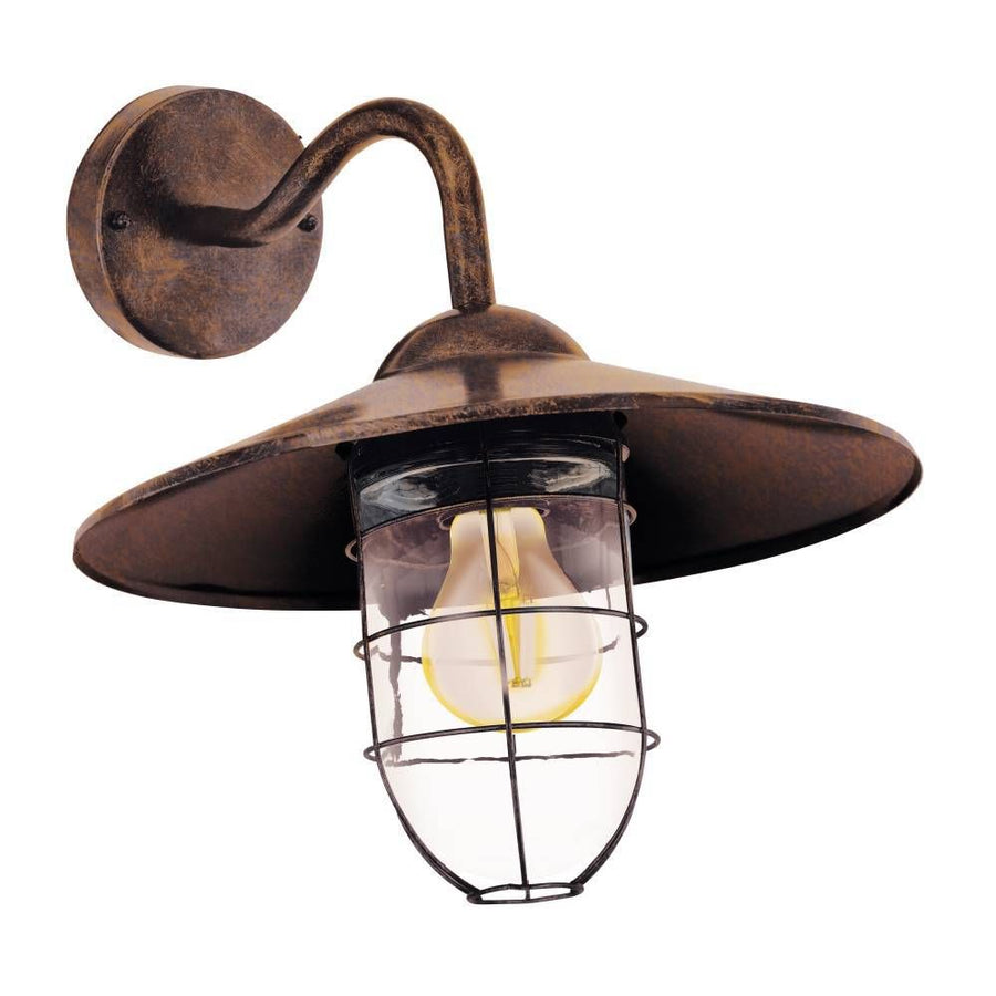Vue de trois quarts du luminaire cuivré, abat-jour conique et cage grillagée