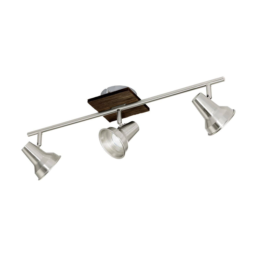 Plafonnier trois spots orientables sur rail métallique, socle rectangulaire en bois