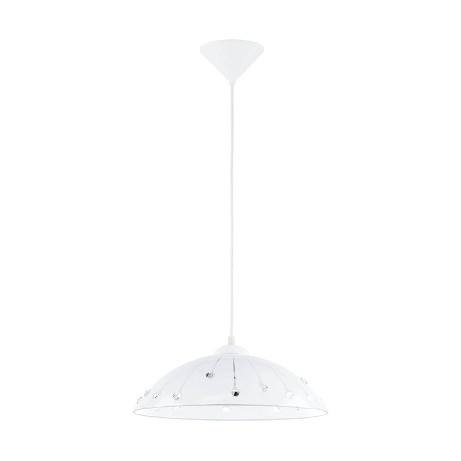 Suspension blanche en forme de dôme avec gouttes de cristal sur fond blanc