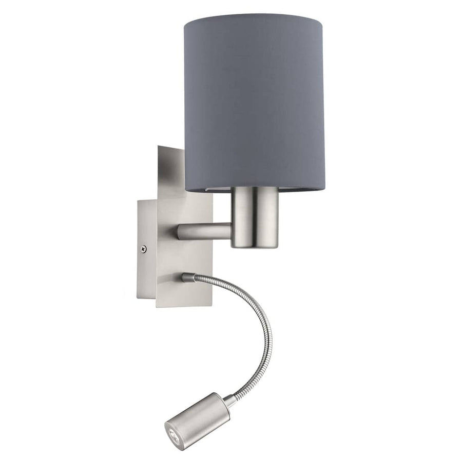Applique murale nickel avec abat-jour cylindrique gris et bras de lecture flexible.