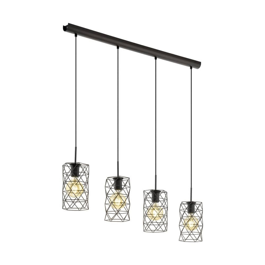 Suspension quatre cages noires sur barre, vue de trois quarts sur fond blanc