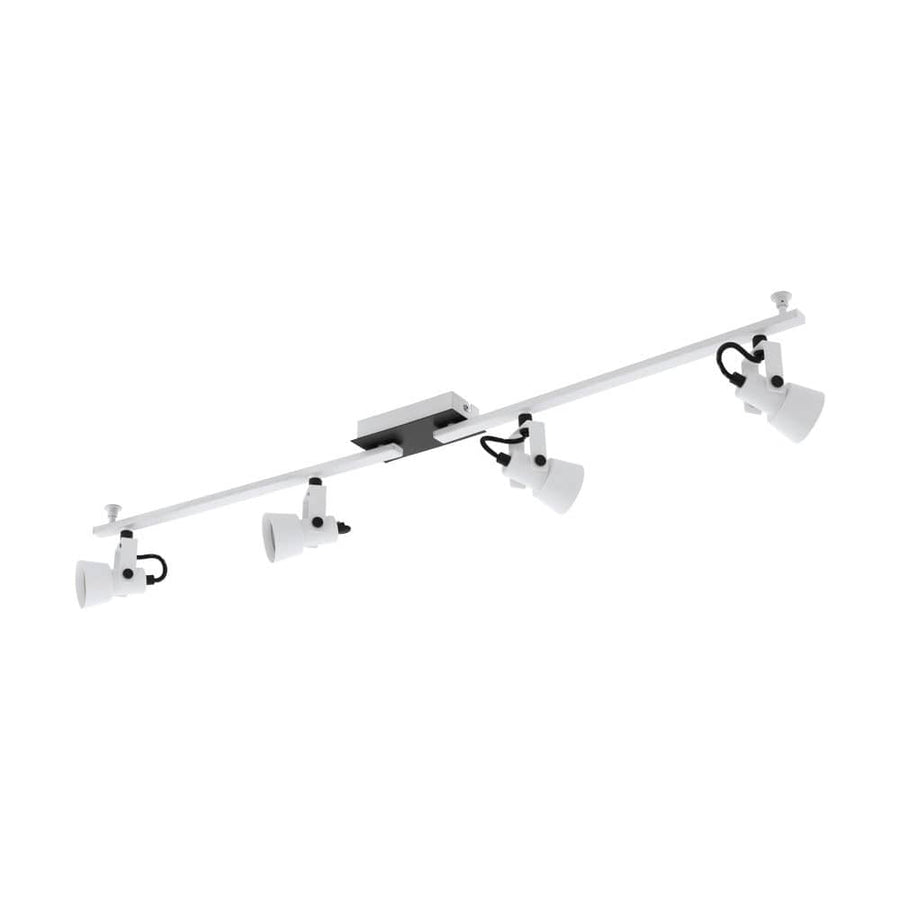 Luminaire de plafond linéaire blanc à quatre spots orientables, vue de face sur fond blanc