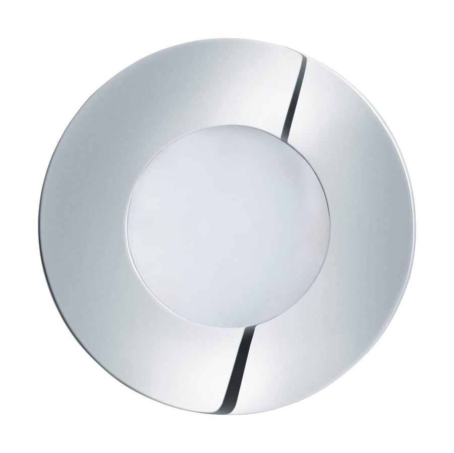 Vue de face du spot rond chromé avec son diffuseur blanc central.