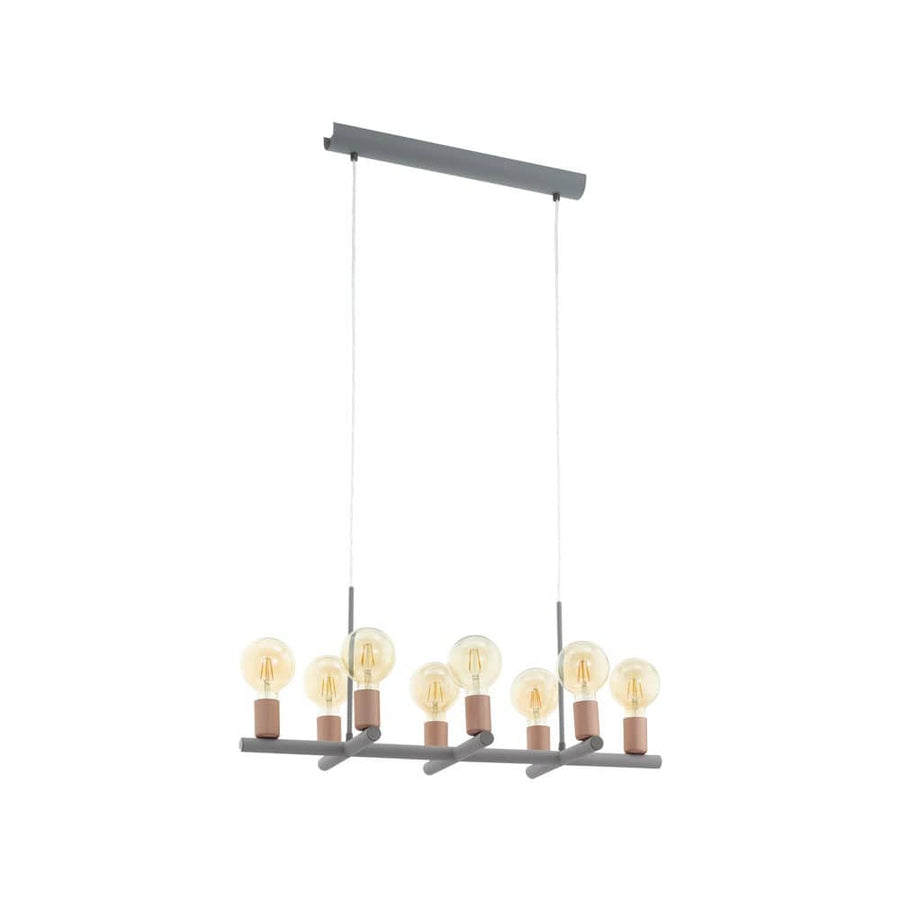 Vue de face du luminaire suspendu gris avec huit ampoules sphériques et douilles rosées