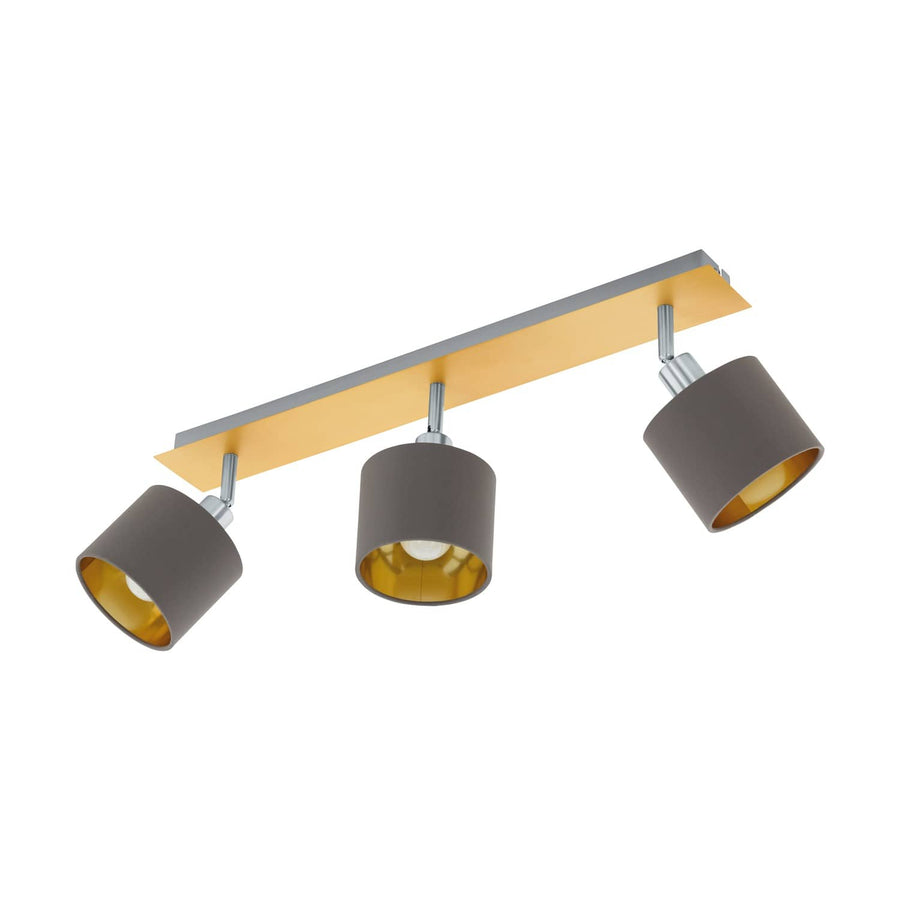 Vue de face du spot doré à trois têtes cylindriques orientables sur rail