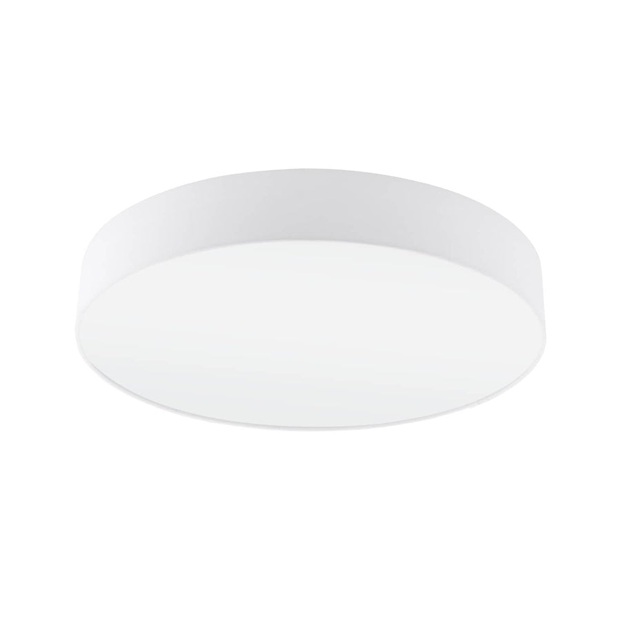 Plafonnier blanc circulaire de trois quarts, abat-jour cylindrique et diffuseur inférieur opalin.