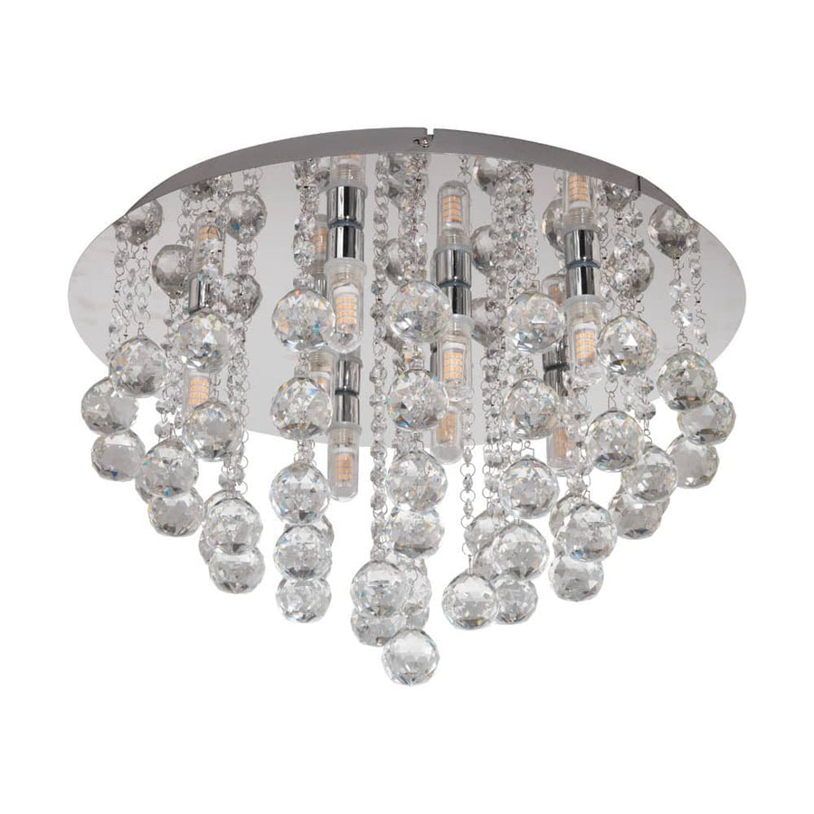 Plafonnier rond au socle chromé orné de billes de cristal transparentes suspendues
