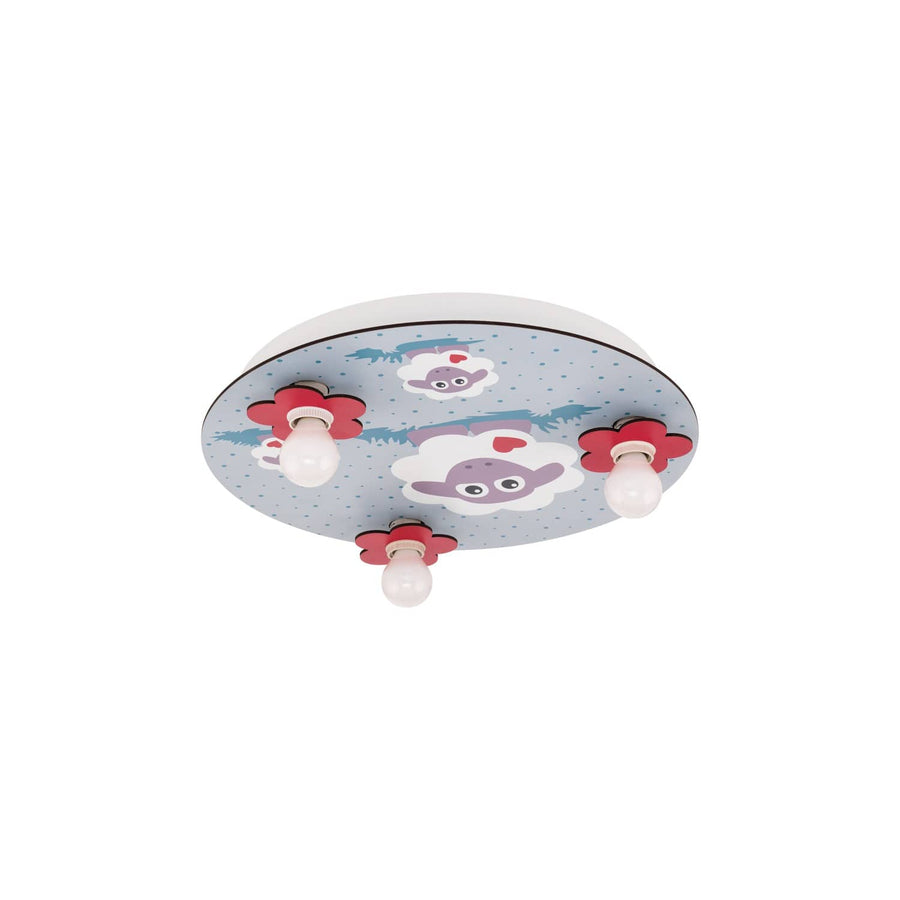 Plafonnier rond vu de dessous, trois ampoules sur douilles en forme de fleurs rouges, motif mouton.