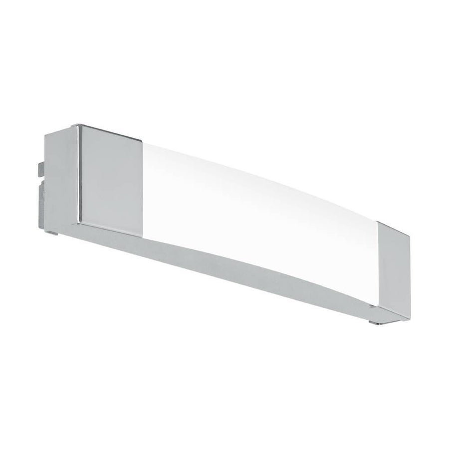 Applique murale chromée rectangulaire de face, diffuseur opale blanc et structure en métal poli