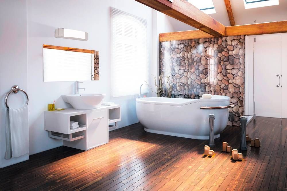Mise en ambiance dans une salle de bain moderne, applique fixée au-dessus du miroir avec vasque