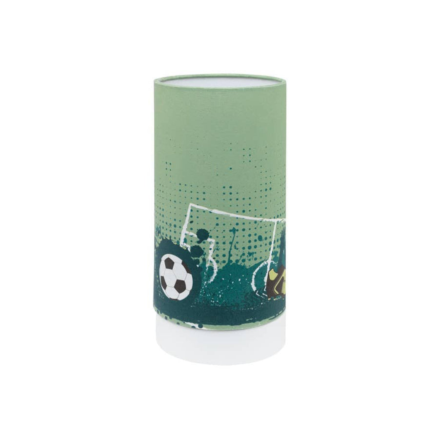 Lampe à poser cylindrique verte, produit de face sur fond blanc, décor de ballon et but de football