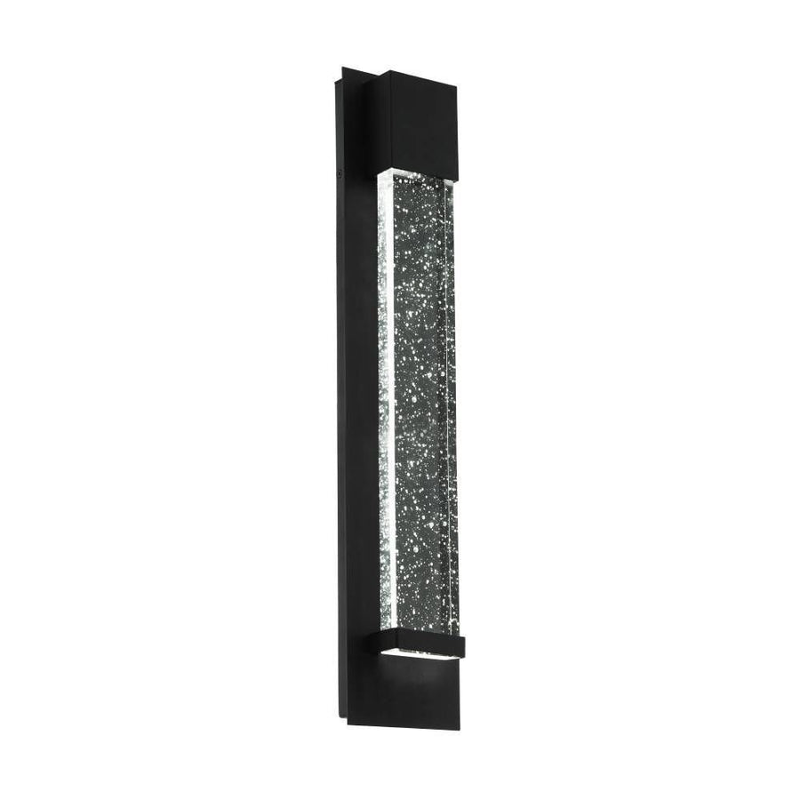Vue de face du luminaire mural noir sur fond blanc, panneau rectangulaire en verre à bulles.