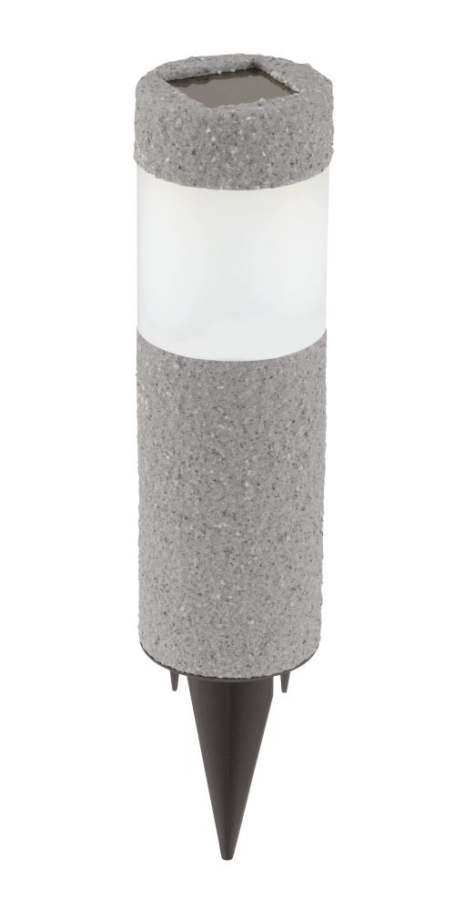 Luminaire solaire cylindrique gris avec piquet, présenté de face sur fond blanc