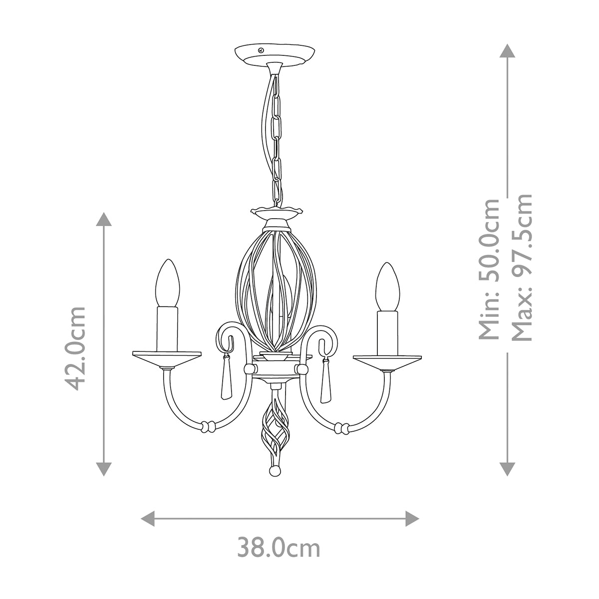 Schéma coté indiquant largeur 38 cm et hauteur réglable de 50 à 97,5 cm