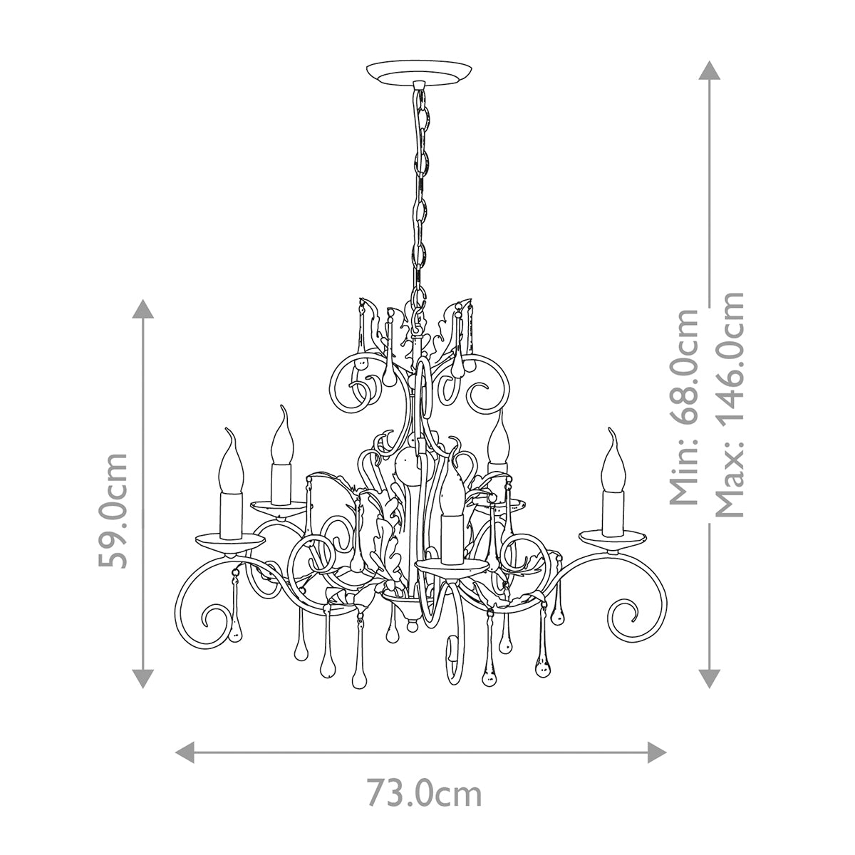Schéma coté du lustre : hauteur 59 cm, largeur 73 cm, chaîne réglable