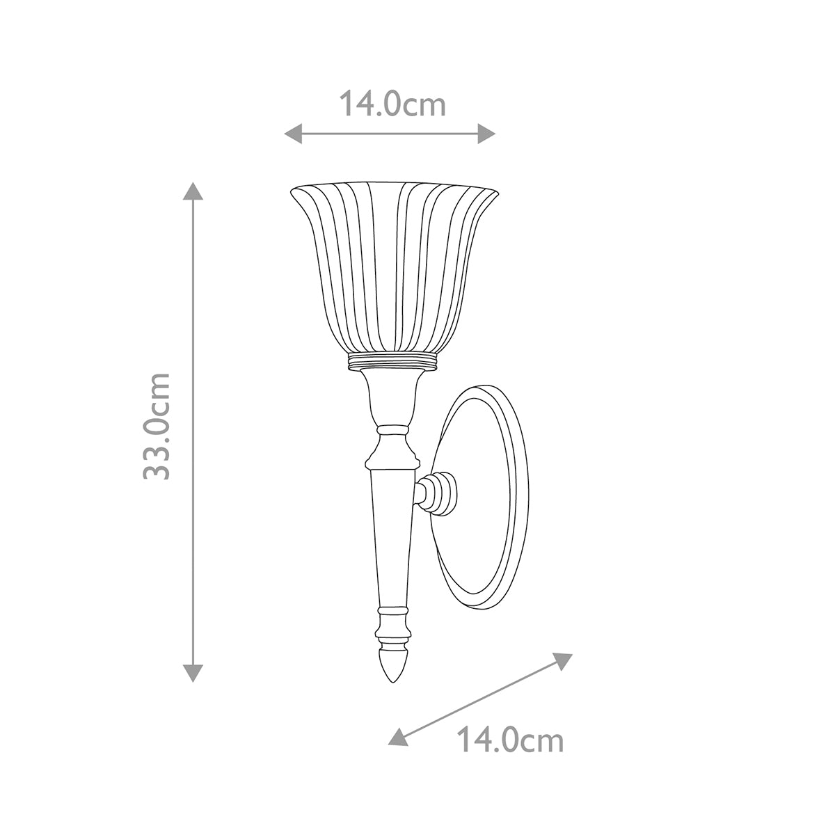 Schéma coté de l'applique : hauteur 33 cm, largeur 14 cm