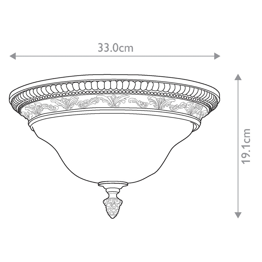 Schéma technique coté du plafonnier : largeur 33 cm et hauteur 19,1 cm.