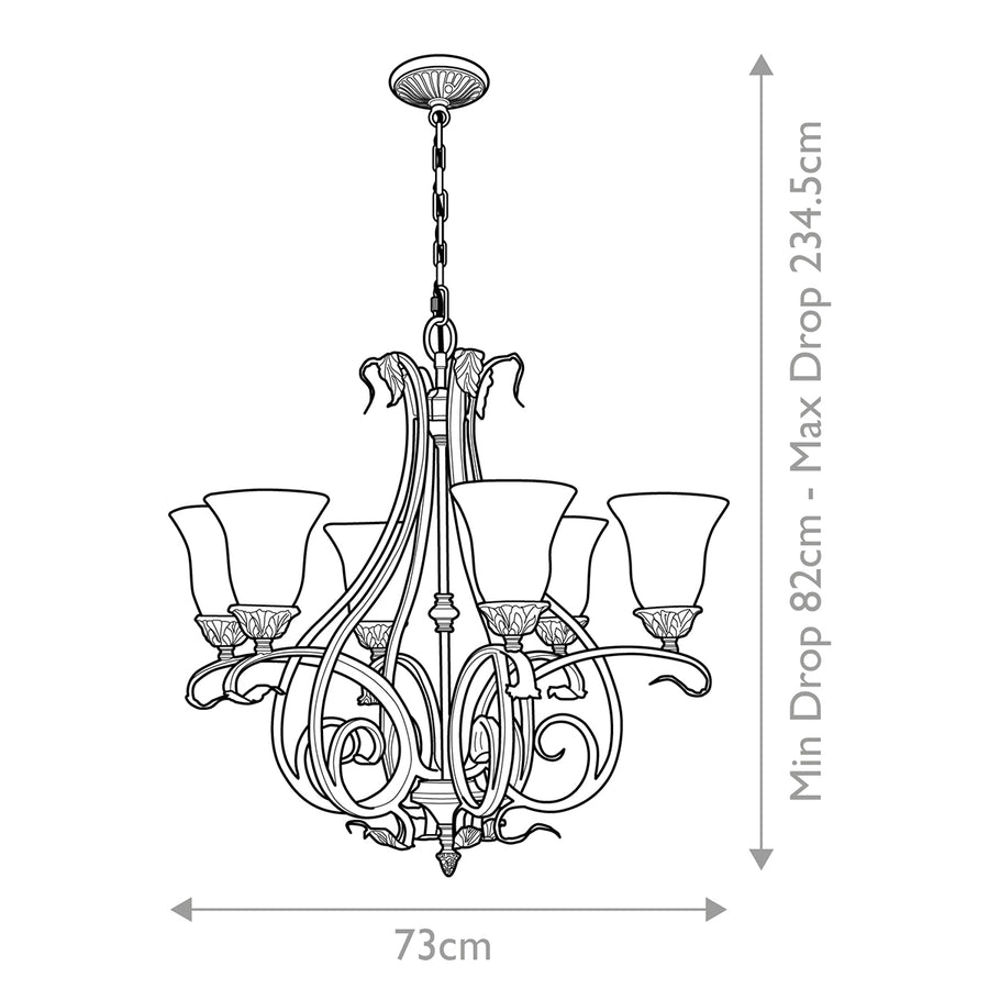 Schéma technique coté : largeur 73 cm et hauteur réglable de 82 à 234,5 cm.