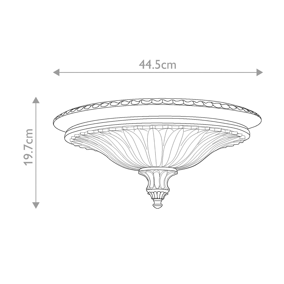 Schéma coté indiquant 44,5 cm de diamètre et 19,7 cm de hauteur