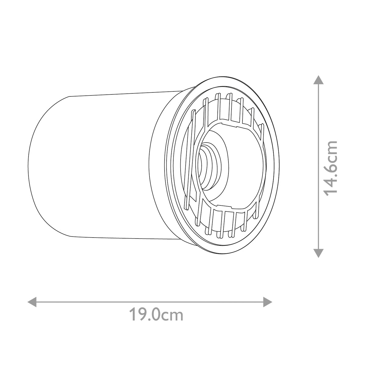 Schéma technique coté du luminaire, largeur 19 cm et hauteur 14,6 cm.