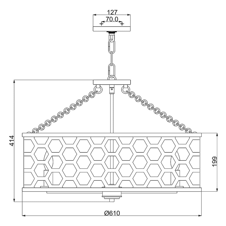 Schéma coté du luminaire avec diamètre 61 cm et hauteur