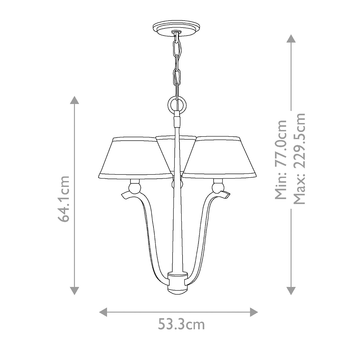 Schéma coté du luminaire avec hauteur minimale et maximale et largeur