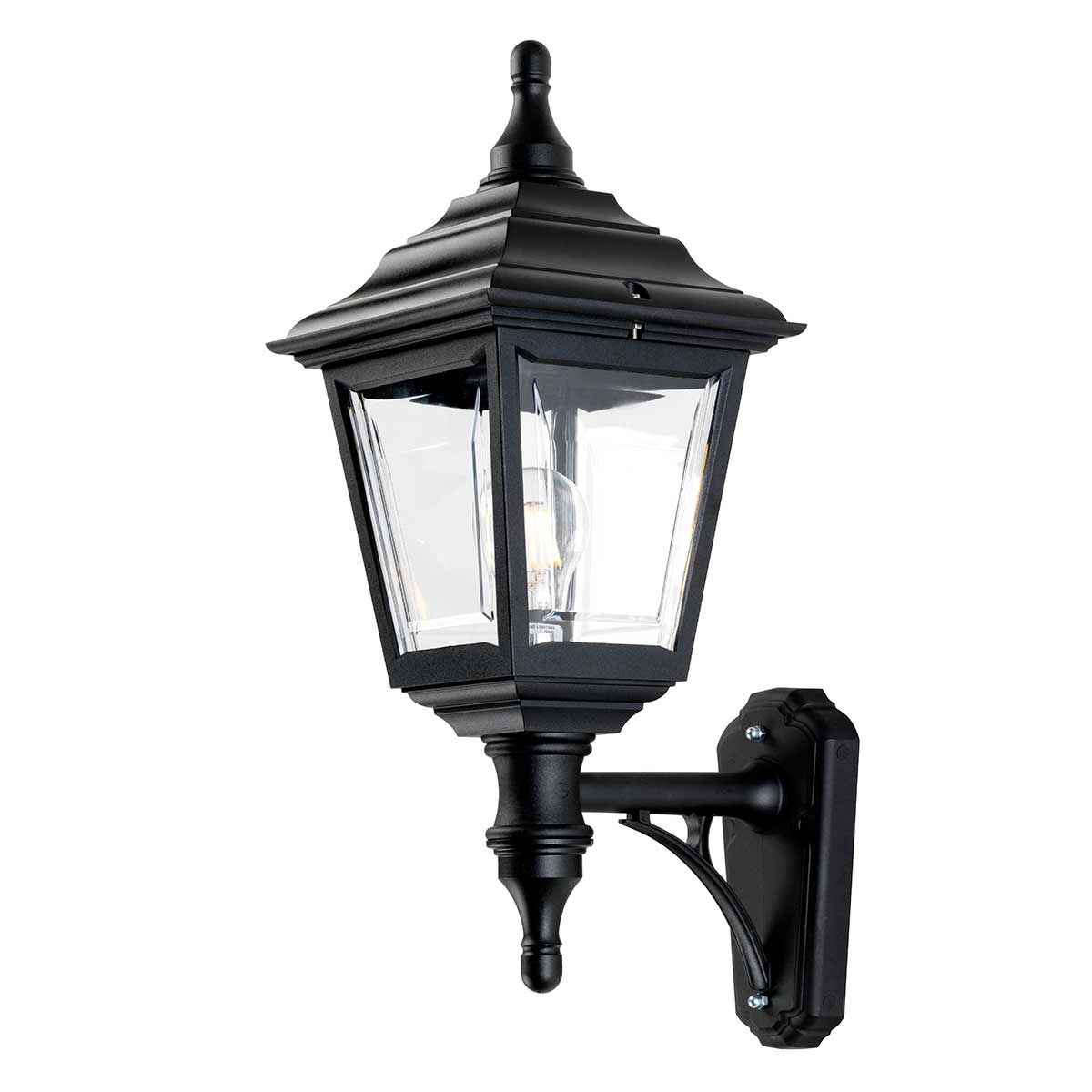 Vue complète de l'applique extérieure noire montrant la fixation murale et l'ampoule