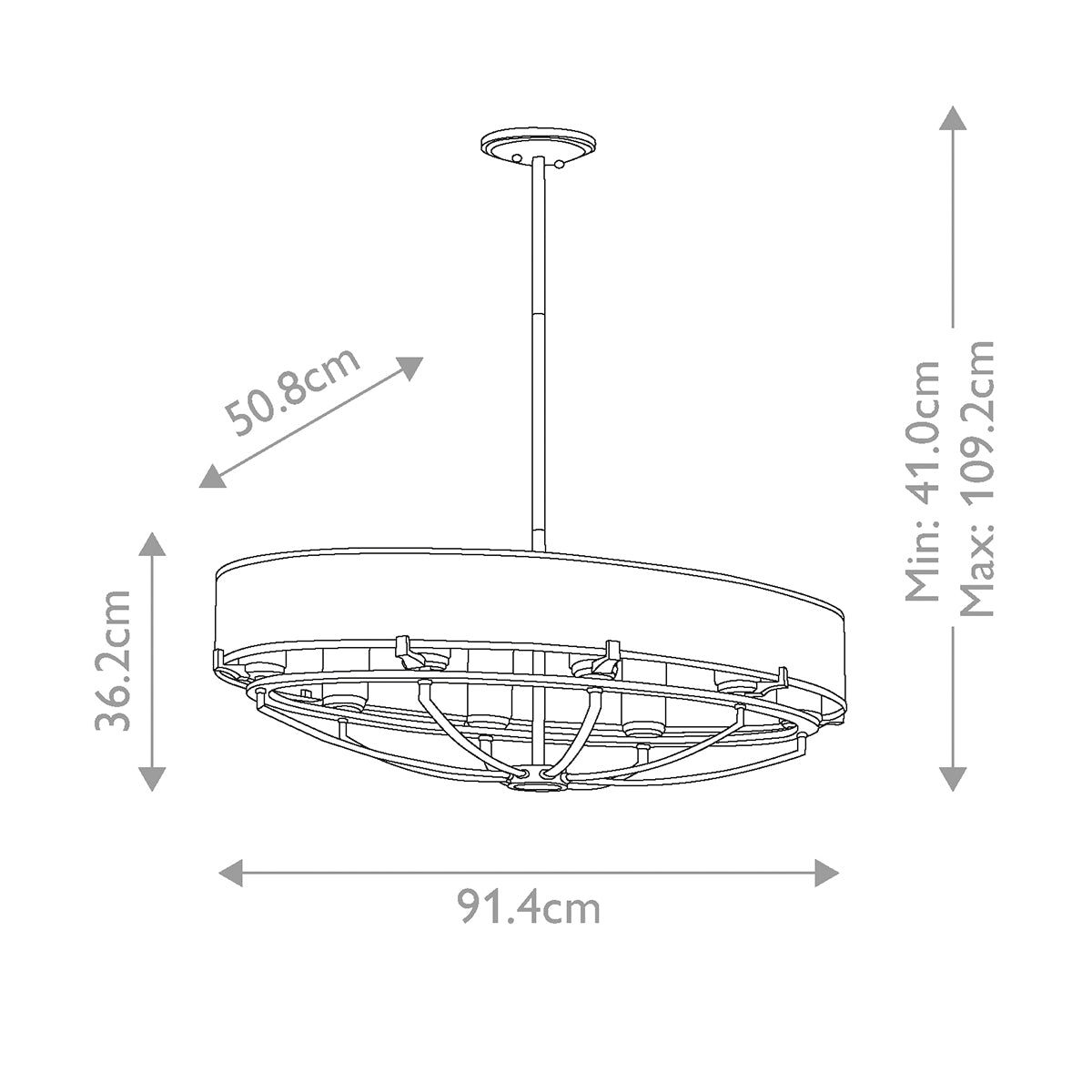 Schéma de dimensions du lustre avec largeur, hauteur et suspension.