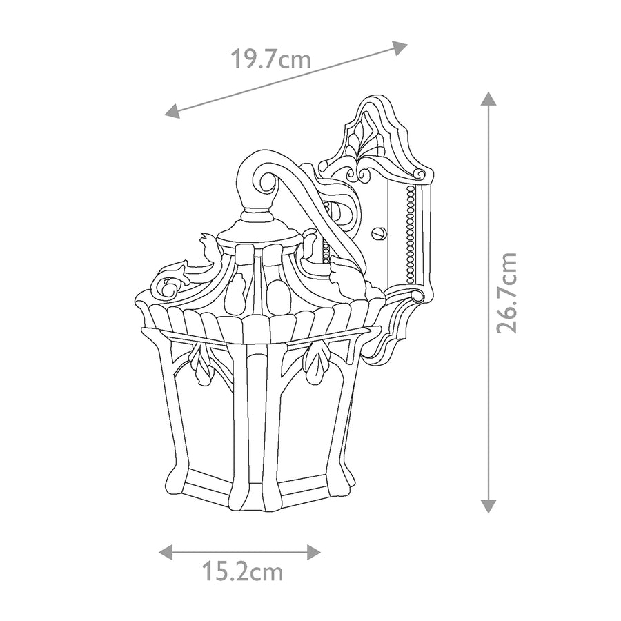 Schéma coté indiquant 19,7 cm de large, 26,7 cm de haut et 15,2 cm de profondeur.