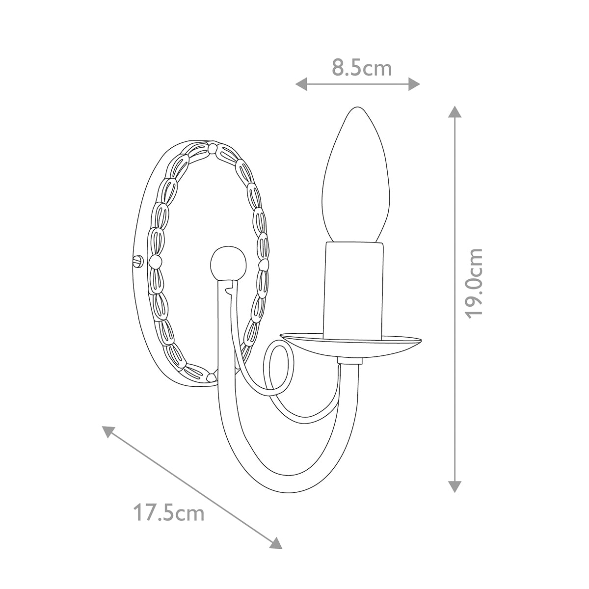Schéma de dimensions avec largeur 8.5 cm, hauteur 19 cm et profondeur 17.5 cm