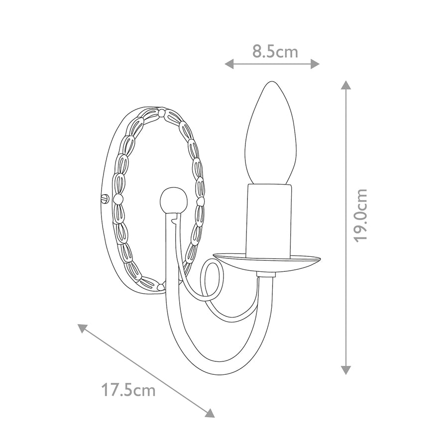Schéma de dimensions avec largeur 8.5 cm, hauteur 19 cm et profondeur 17.5 cm