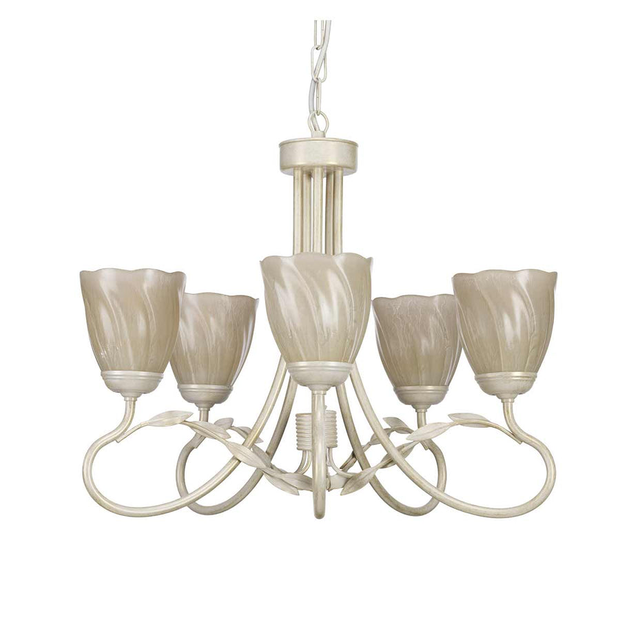 Lustre cinq lumières éteint avec coupelles en verre, présenté sur fond blanc