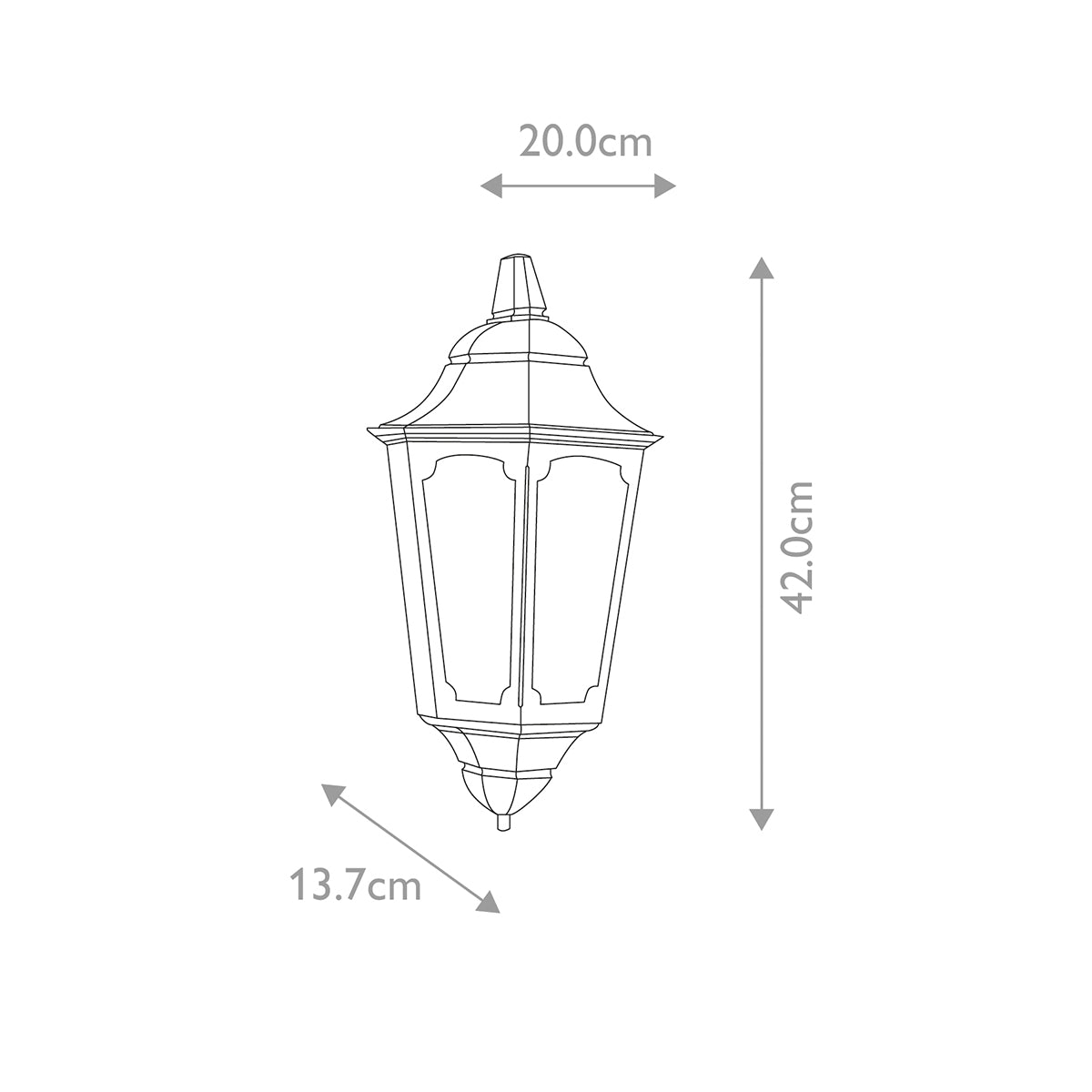 Schéma coté de l'applique : largeur 20 cm, hauteur 42 cm, profondeur 13,7 cm.