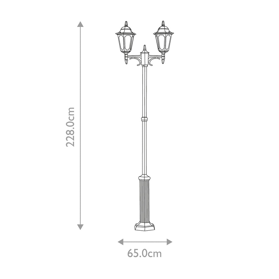 Schéma de dimensions du lampadaire : 228 cm de haut et 65 cm de large.