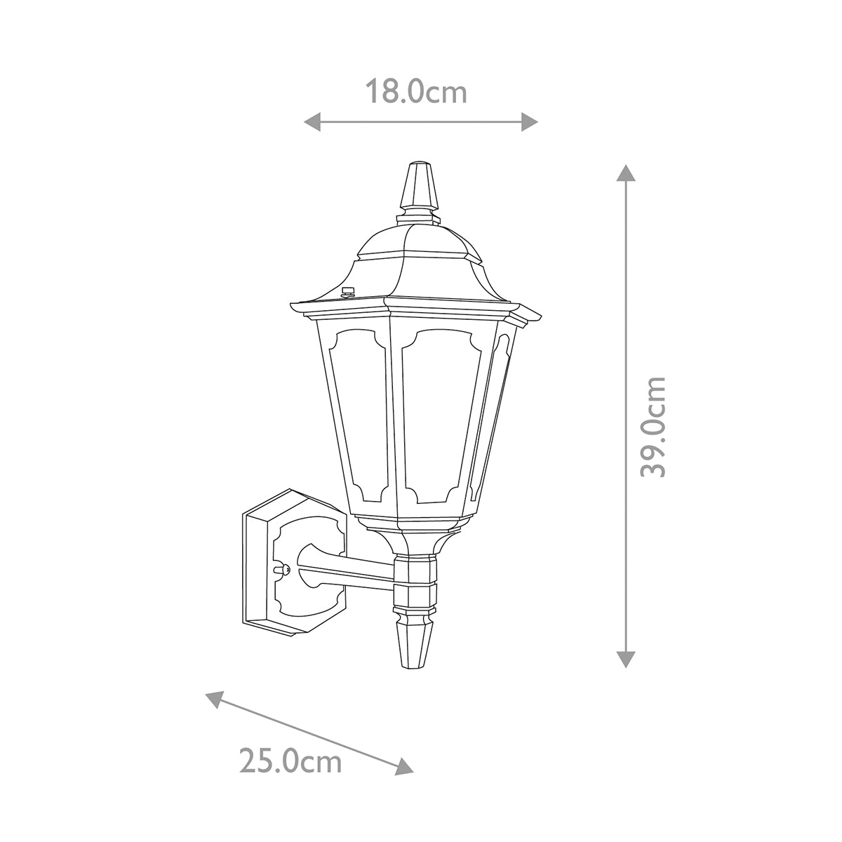 Schéma coté de l'applique avec largeur 18 cm, hauteur 39 cm et profondeur 25 cm