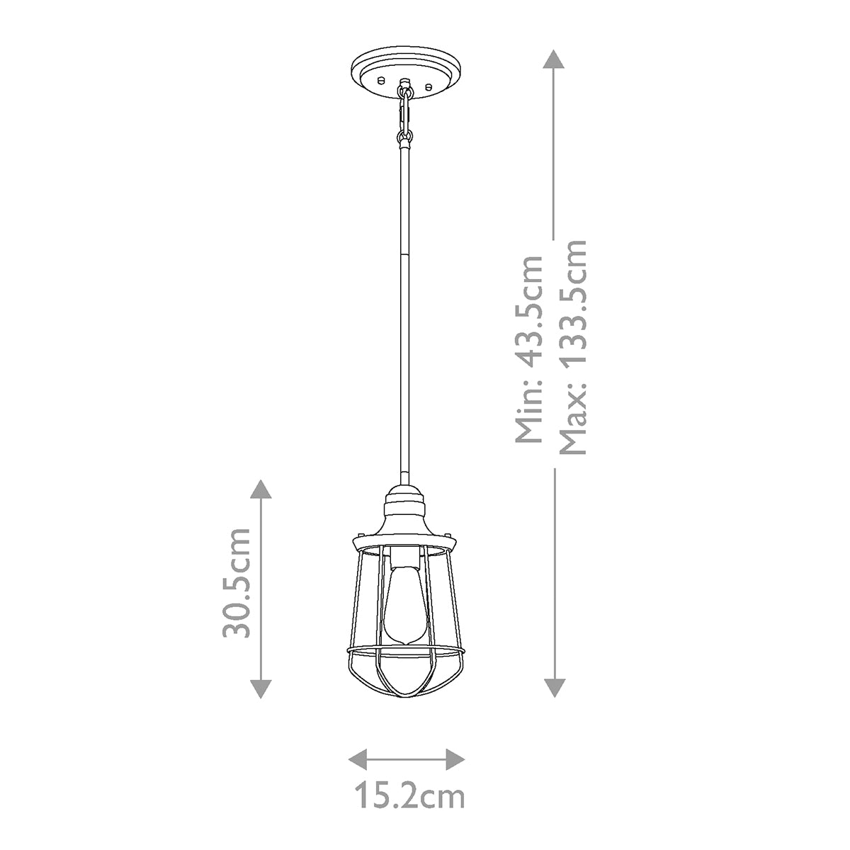 Schéma technique coté avec hauteur minimale maximale et largeur du luminaire