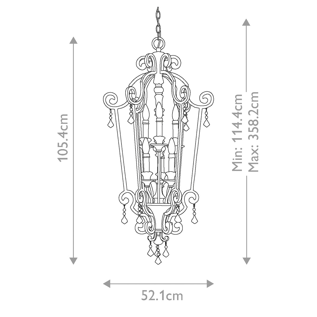 Schéma coté du lustre avec hauteur, largeur et réglage de la suspension.