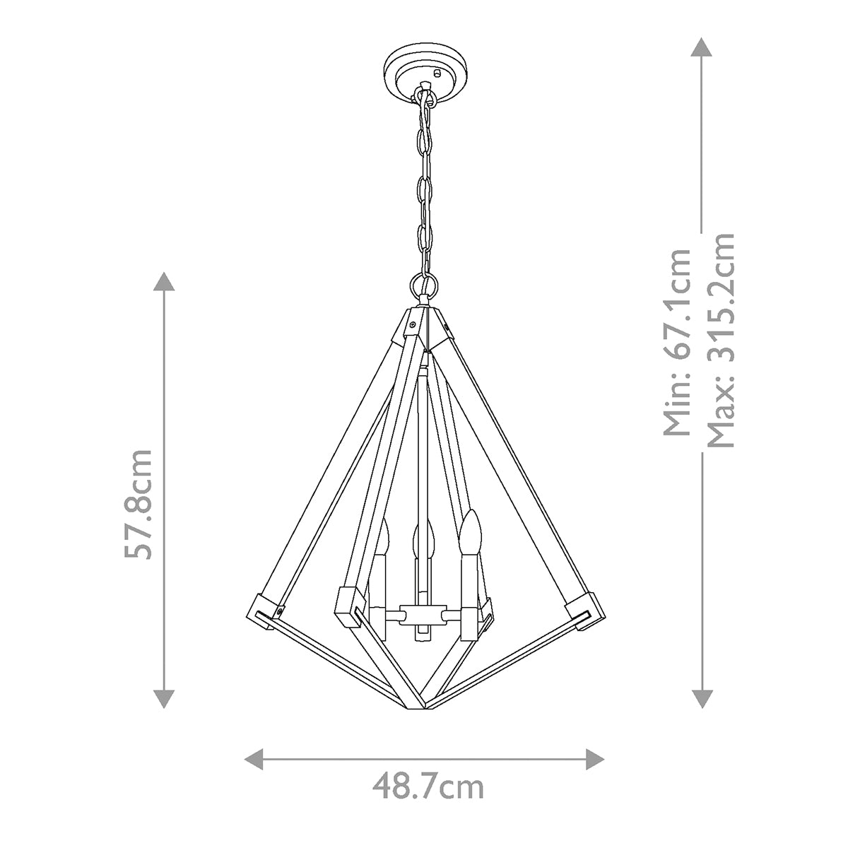 Schéma coté du luminaire : hauteur 57,8 cm et suspension réglable jusqu'à 315,2 cm